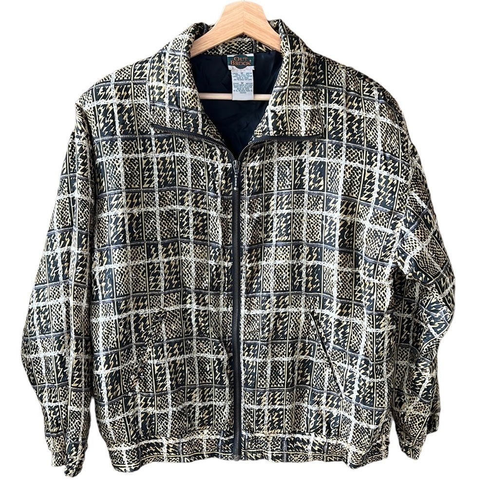 Outbrook Vintage 100% Silk Bomber Jacket. Gold/Black Geometric Abstract. Sz M